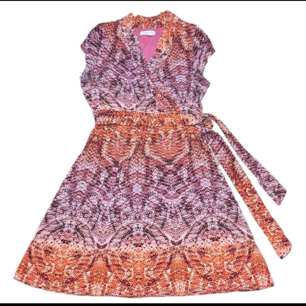 Liz Claiborne Dress Womens Size M Multi Color Print A Line Midi Stretch Slimming